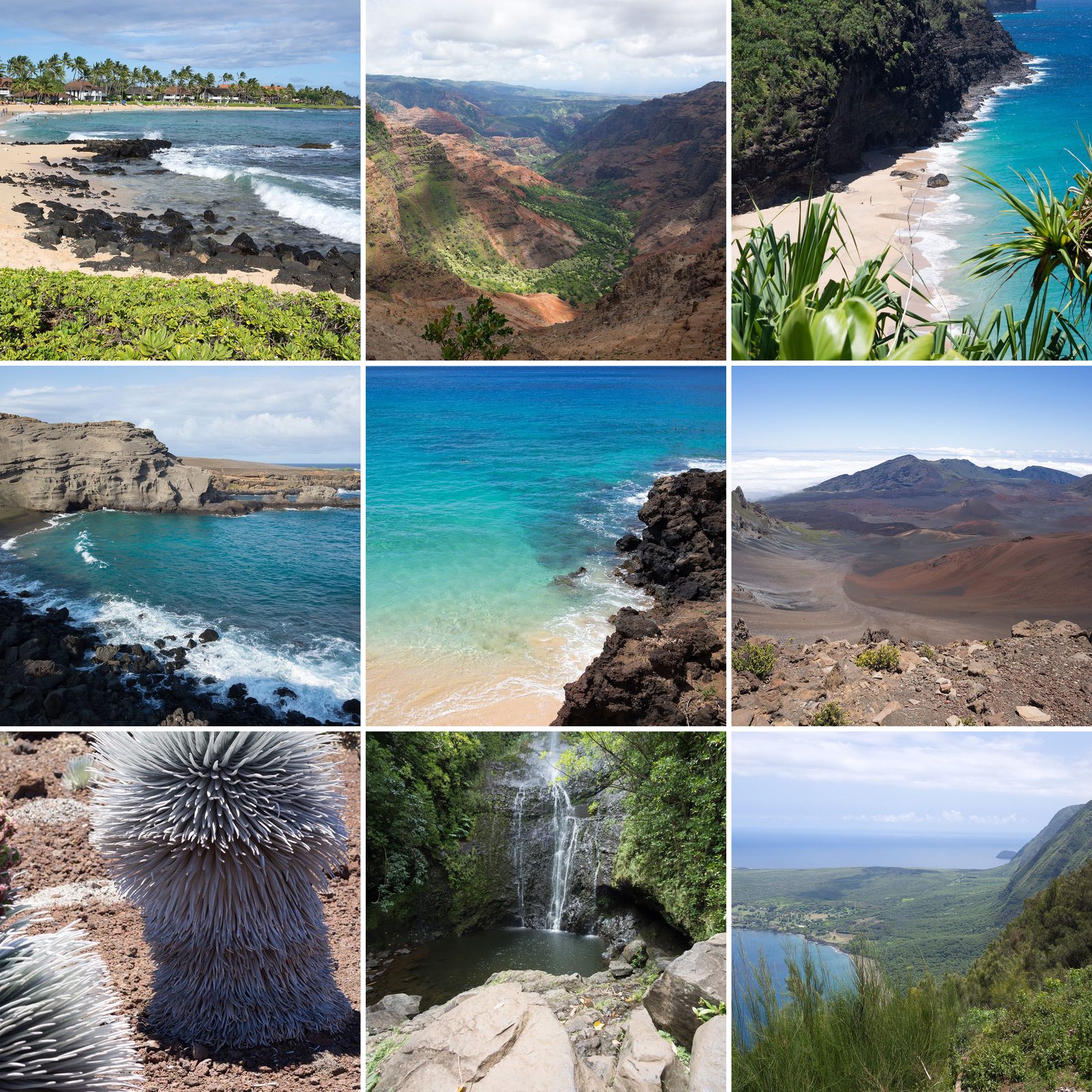 Collage der Hawaii-Reise: Poipu Beach und Waimea Canyon auf Kaua'i, Hanakapi'ai Beach an der Na Pali Coast, Green Sand Beach auf Big Island, Big Beach, Haleakala-Krater, Silberschwert und Wailua Falls auf Maui, Kalaupapa auf Moloka'i
