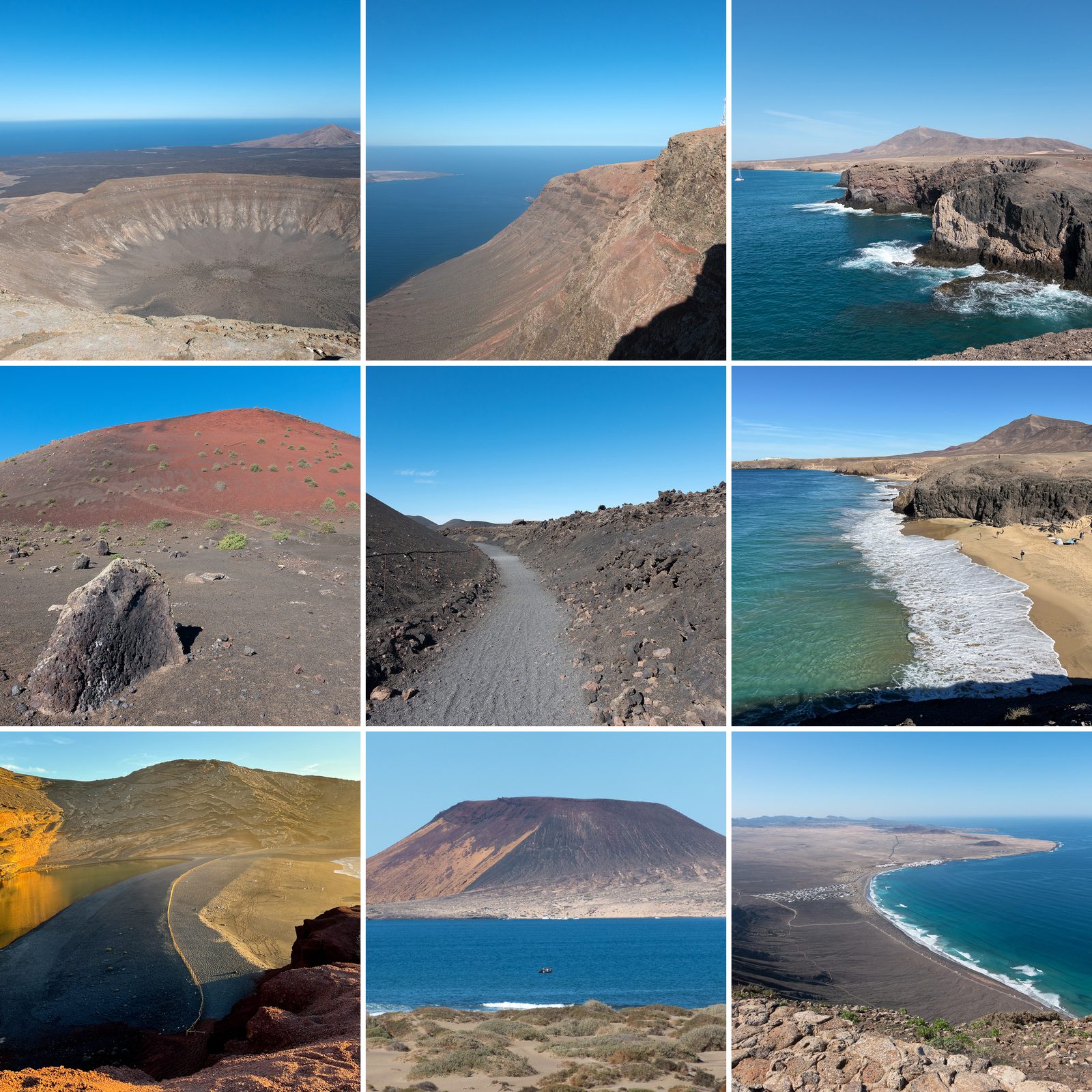 Collage der Reise nach Lanzarote: Krater der Caldera Blanca, Steilküste im Norden, Küste bei Papagayo, Caldera Colorada, Weg durch die Lava, Playa del Papagayo, Charco de los Clicos in El Golfo, La Graciosa und die Playa de Famara von den Klippen