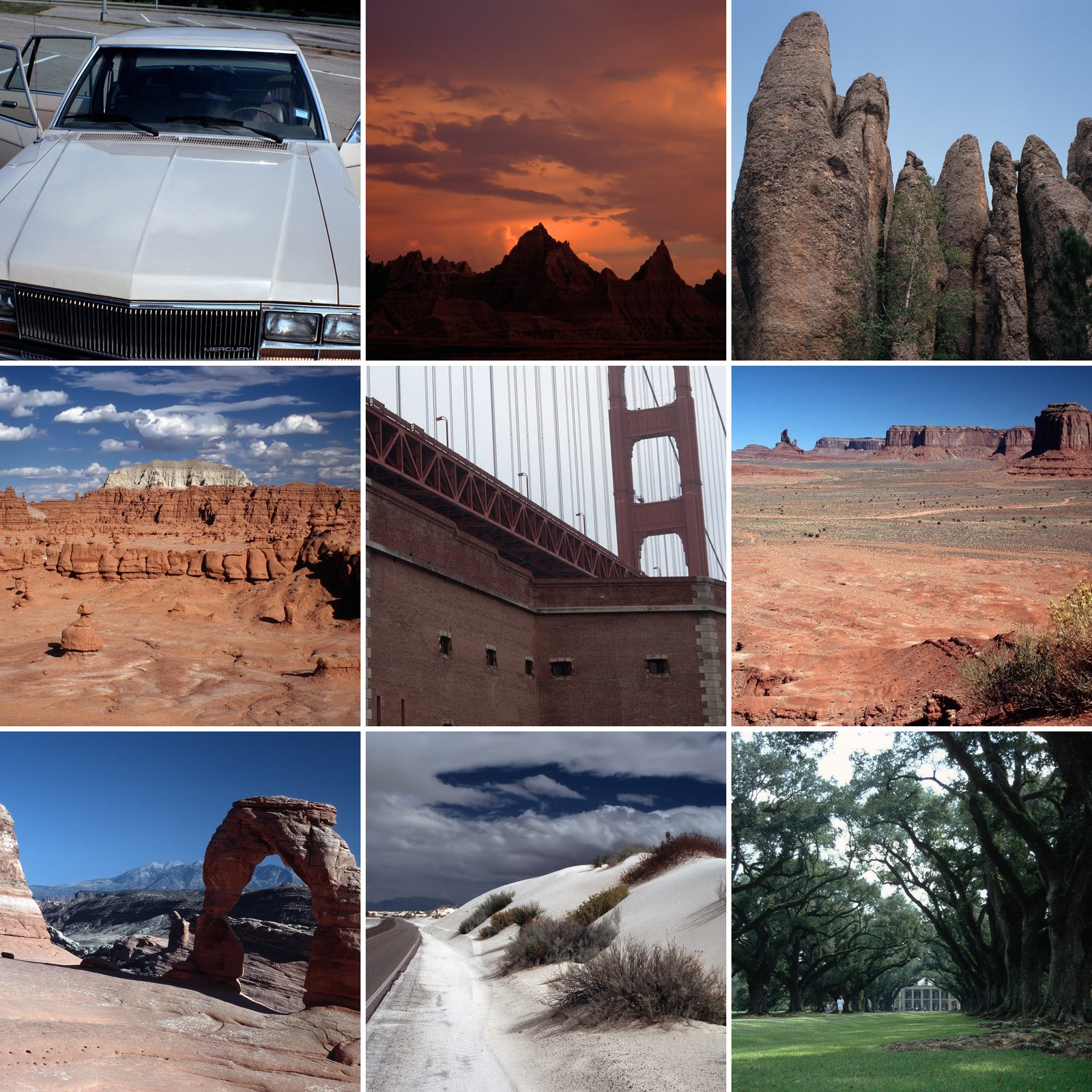 Collage der USA-Reise 1994: unser Mercury, Abendstimmung im Badlands NP, Felsnadeln am Needles Highway, Goblin Valley, Golden Gate Bridge vom Fort Point, Monument Valley, Delicate Arch, White Sands und die Eichenallee der Oak Alley Plantation