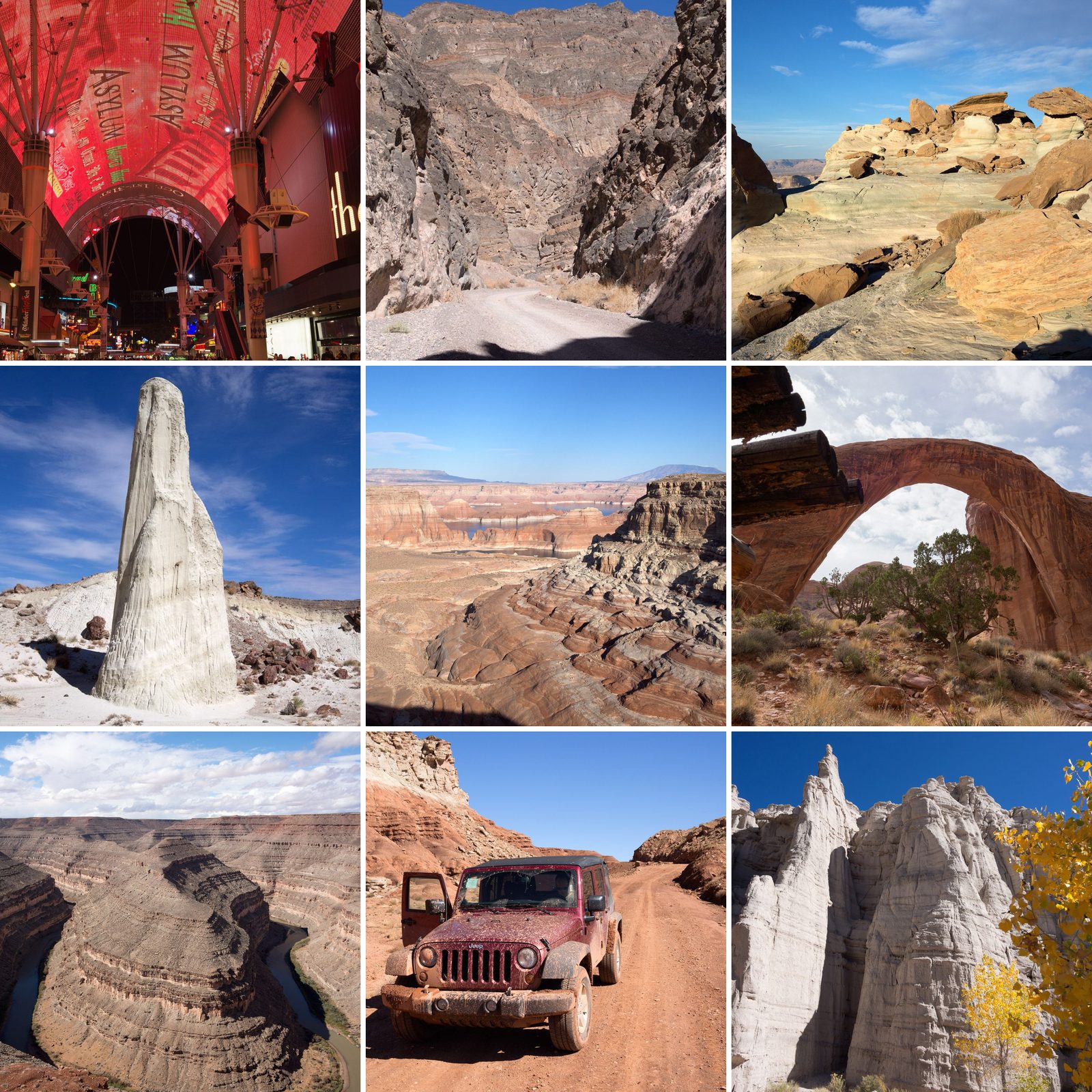 Collage der Reise 2012: Fremont Street in Las Vegas, Narrows der Titus Canyon Road, Hoodoos am Stud Horse Point, Wahweap Hoodoo, Alstrom Point am Lake Powell, Rainbow Bridge, Goosenecks des San Juan River, verschlammter Jeep auf der Red Canyon Loop und Kasha-Katuwe Tent Rocks